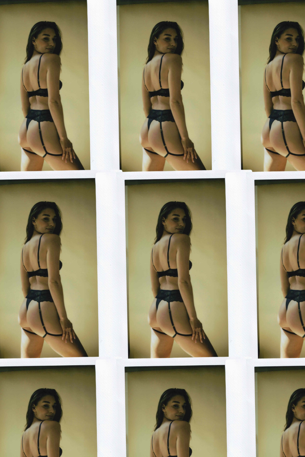 collage van polaroids van vrouw in lingerie set met jarretels