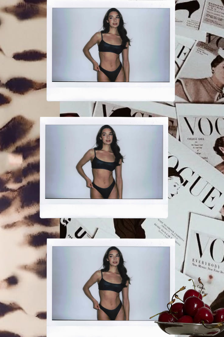 collage 3 polaroids van vrouw in lingerie met dieren achtergrond en vogue achtergrond