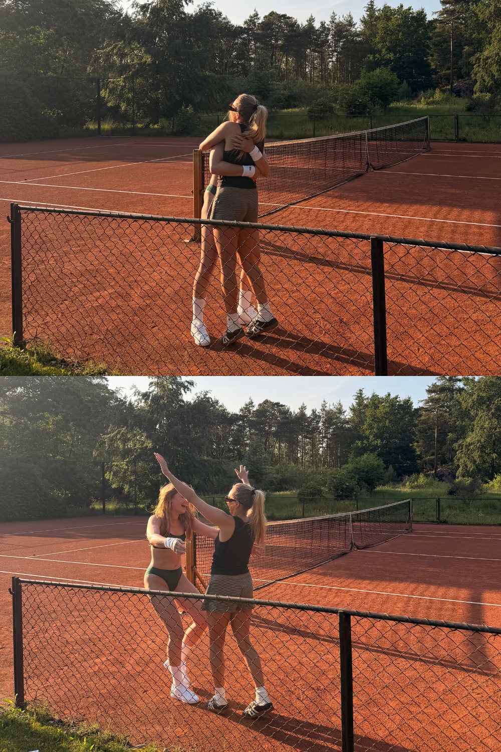 collage geraldine kemper en elise knuffelend op tennisbaan