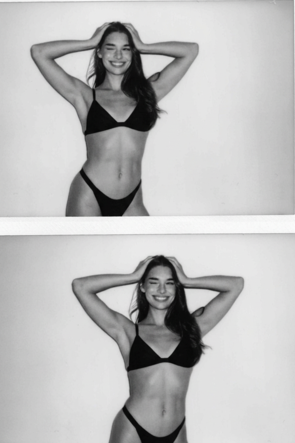 zwart wit collage van 2 polaroids van model in triangel bralette en string met handen op hoofd